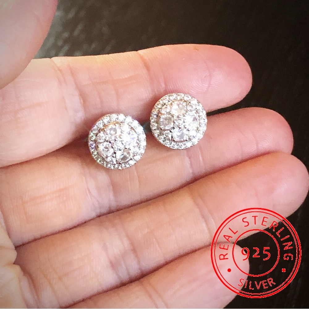 Huge 925 Sterling Silver Vintage Round Zircon Diamond Cluster Halo Stud Earrings